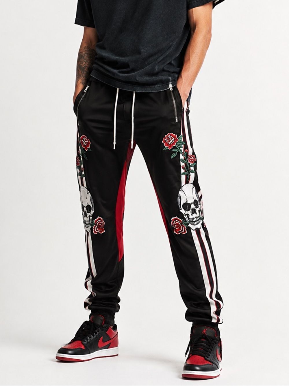 Reason XXL Skull & Rose Embroidered Racing Stripe Jogger Pants